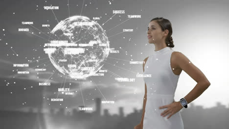 Animation-of-globe-with-texts-over-caucasian-woman-and-cityscape