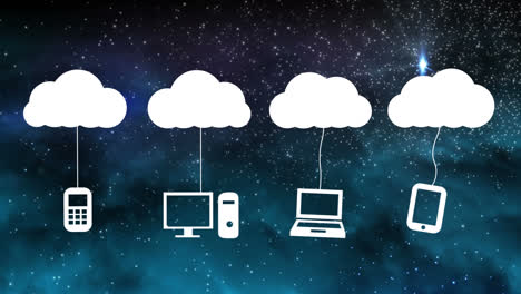 Animation-of-clouds-with-electronic-devices-over-glowing-stars-on-blue-background