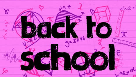 Animation-of-back-to-school-text-over-mathematical-drawings-on-pink-paper