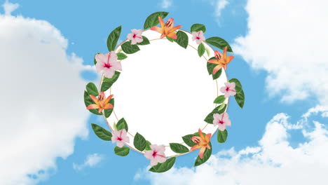Animation-of-floral-design-circular-frame-with-copy-space-against-clouds-in-the-blue-sky
