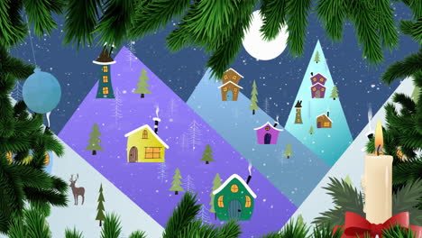 Animation-of-christmas-tree-leaves,-reindeer,-houses-on-mountains-and-snowfall,-moon-in-sky