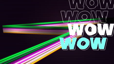 Animation-of-wow-text-banner-over-light-trails-against-striped-black-background