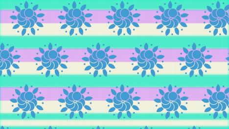 Animation-Eines-Sich-Wiederholenden-Blauen-Blumenmusters,-Das-Sich-über-Pastellfarbene-Streifen-Bewegt