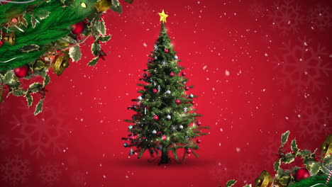 Animation-Von-Zweigen-Und-Schnee,-Der-über-Einen-Sich-Drehenden-Weihnachtsbaum-Vor-Rotem-Hintergrund-Fällt