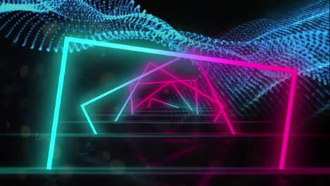 Animation-Eines-Neontunnels-In-Nahtlosem-Muster-Und-Blau-Leuchtender-Digitaler-Welle-Auf-Schwarzem-Hintergrund
