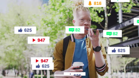 Animation-of-social-media-data-processing-over-albino-man-on-smartphone