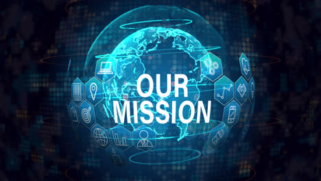 Animation-of-our-mission-text-with-icons-over-globe-on-black-background