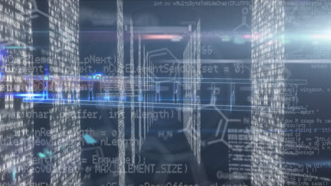 Animation-Der-Medizinischen-Datenverarbeitung-über-Bildschirmen-Mit-Mosaikquadraten-Vor-Blauem-Hintergrund