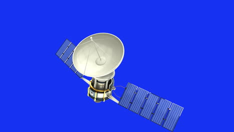 Animation-of-old-document-disintegrating-over-satellite-with-dish-and-solar-panels-on-blue