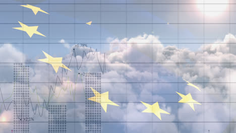 Animation-Der-Datenverarbeitung-über-Der-EU-Flagge-Und-Wolken