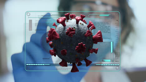 Animation-of-virus-cells-over-caucasian-female-lab-worker-with-sample