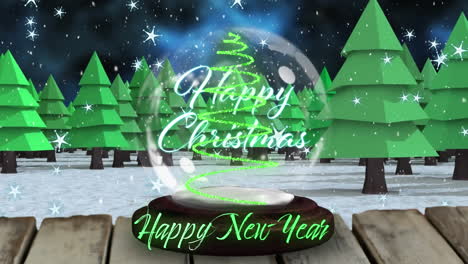 Animation-of-shooting-star-over-merry-christmas-text-in-a-snow-globe-against-winter-landscape