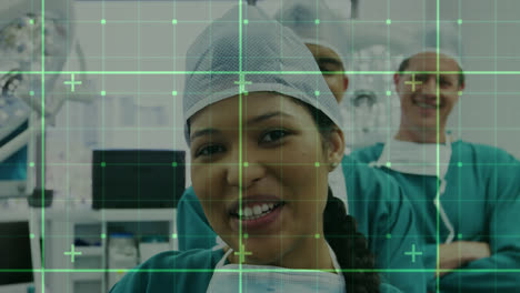 Animation-of-grid-network-over-team-of-diverse-surgeons-smiling-in-operation-theatre-at-hospital