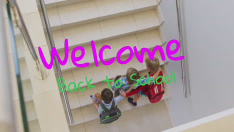 Animation-of-welcome-back-to-school-text-over-happy-diverse-school-kids-at-school