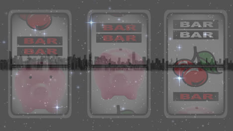Animation-Von-Leuchtenden-Sternen-über-Einem-Casino-Spielautomaten-Vor-Der-Aussicht-Auf-Die-Stadt