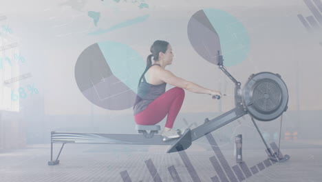 Animation-of-data-on-interface-over-caucasian-woman-training-on-rowing-machine-at-gym