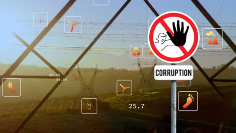 Animation-of-mutiple-digital-icons-and-stop-curruption-sign-board-against-network-towers