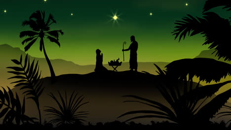 Animation-of-silhouette-of-nativity-scene-over-green-background