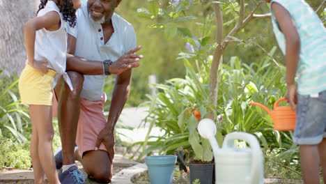 Happy-african-american-siblings-with-grandfather-working-in-garden,-in-slow-motion