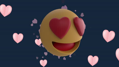 Animation-of-multiple-hearts-over-emoji-icon-on-blue-background