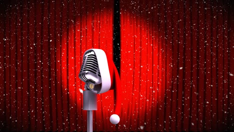 Animation-of-christmas-hat-on-microphone-and-snow-falling-over-opening-red-curtain