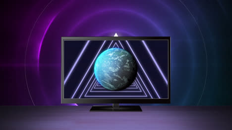 Animation-of-tv-with-globe-on-violet-background-with-pulsating-circles