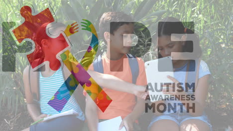 Animation-of-autism-awareness-month-text-and-puzzle-pieces-ribbon-and-children