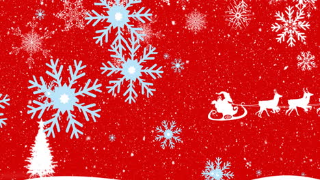 Animation-Von-Schneeflocken,-Die-über-Den-Weihnachtsmann-Im-Von-Rentieren-Gezogenen-Schlitten-Auf-Rotem-Hintergrund-Fallen