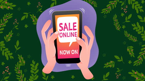 Animation-of-on-hand-holding-a-smartphone-with-sale-online-text-against-floral-pattern-design