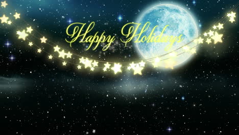 Animation-of-snow-falling-over-happy-holidays-text-banner-and-star-shaped-fairy-lights-in-night-sky