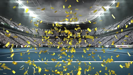 Animation-of-golden-confetti-falling-against-view-of-tennis-court