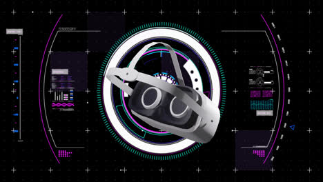 Animation-of-vr-headset-spinning-and-data-processing-on-black-background