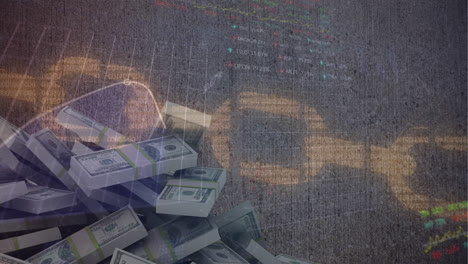 Animation-Der-Sicherheitskette-Und-Der-Börsendatenverarbeitung-über-Dollarnoten-Auf-Grauem-Hintergrund