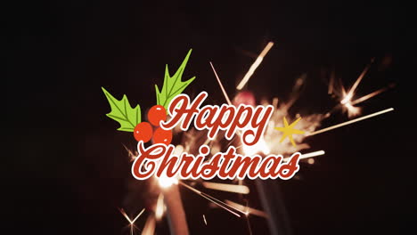 Animation-of-happy-christmas-text-over-lit-sparkler-on-black-background