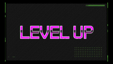 Animation-of-glitch-effect-over-interface-with-level-up-text-banner-against-black-background