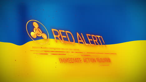 Animation-of-red-alert-text-banner-with-radioactive-symbol-against-ukraine-and-eu-flag-background