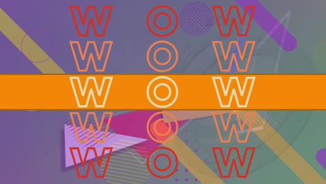 Animation-Eines-Wow-Textbanners-über-Abstrakten,-Farbenfrohen-Formen-Vor-Violettem-Hintergrund-Mit-Farbverlauf