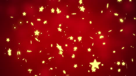 Glowing-yellow-christmas-star-lights-moving-across-red-bokeh-background