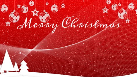 Animation-of-snow-falling-over-happy-christmas-text-banner-and-hanging-decorations-on-red-background