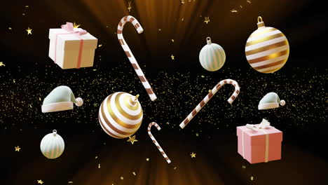 Zuckerstangen,-Geschenke-Und-Weihnachtskugeln-über-Fallenden-Goldenen-Sternen-Auf-Schwarzem-Hintergrund