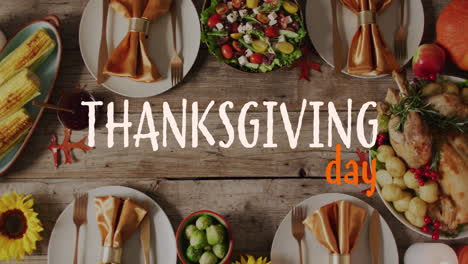 Animation-Des-Thanksgiving-Tagestextes-Und-Des-Abendessens-Auf-Dem-Tischhintergrund