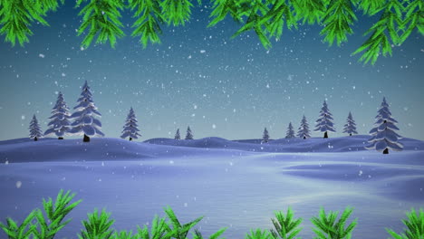 Animación-De-Ramas-Verdes-Y-Nieve-Cayendo-Sobre-árboles-En-El-Paisaje-Invernal