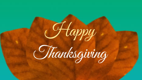 Animation-of-happy-thanksgiving-text-banner-over-maple-leaves-against-green-gradient-background