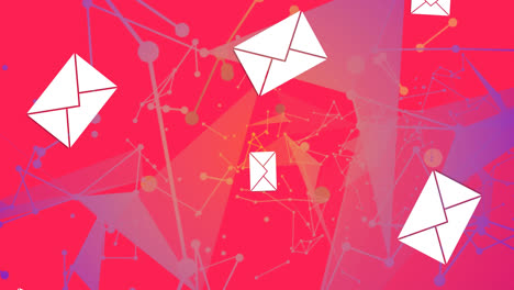 Animation-of-email-envelope-icons-and-network-of-connections-on-red-background