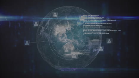 Animation-Von-Blauen-Lichtspuren-Und-Profilsymbolen-über-Einem-Sich-Drehenden-Globus-Und-Datenverarbeitung