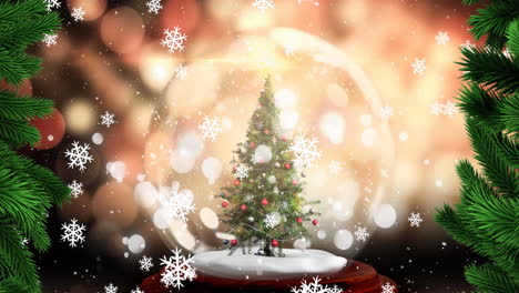 Animación-De-Copos-De-Nieve-Cayendo-Sobre-Un-árbol-De-Navidad-En-Un-Globo-De-Nieve-Contra-Puntos-De-Luz.