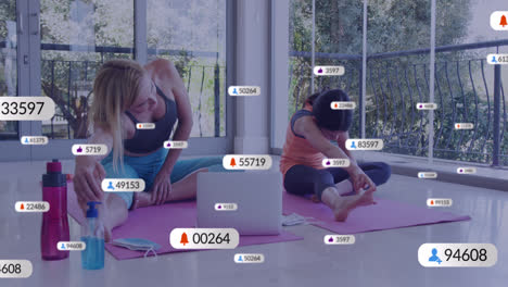 Animation-of-numbers-and-icons-in-notification-bars,-caucasian-mother-and-daughter-doing-stretching