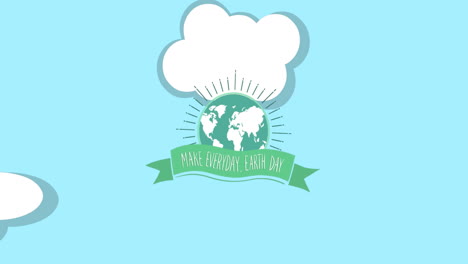 Animation-of-earth-day-text-with-green-globe-over-clouds-on-blue-sky