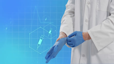 Animation-of-medical-icons-and-caucasian-doctor-wearing-medical-gloves-on-blue-background