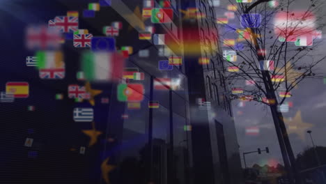 Animation-of-waving-eu-flag-over-eu-countries-flag-miniatures-floating-against-tall-building